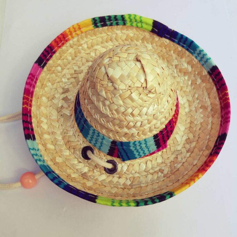Top view of woven straw pet hat with vibrant rainbow band and adjustable chin strap