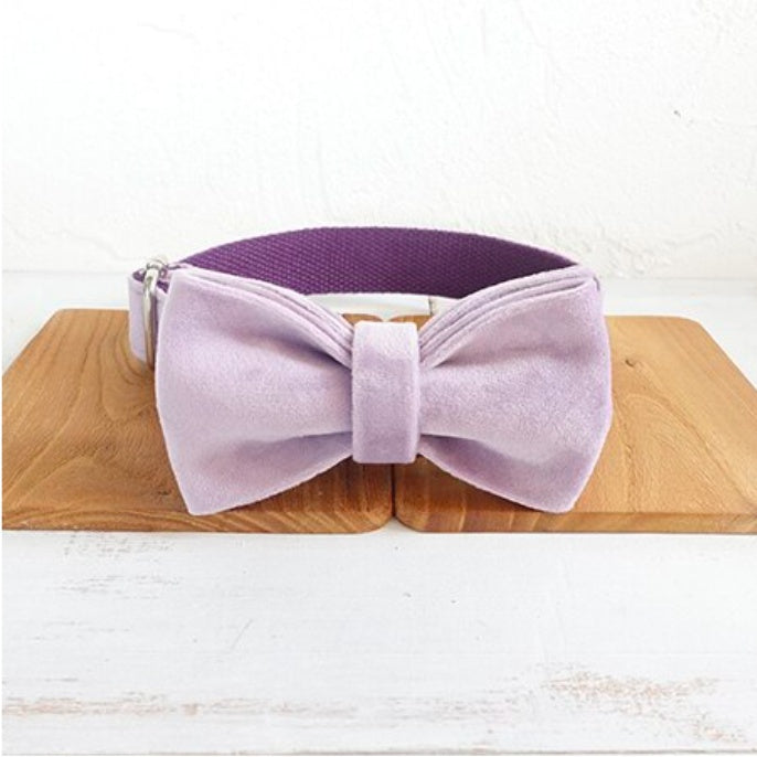Front view of light purple velvet dog collar with bow tie resting on wooden surface