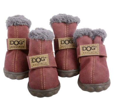 Pair of dark red dog winter boots with gray faux fur and adjustable straps