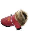 Load image into Gallery viewer, Red PU leather dog jacket with large faux fur collar folded on side on white background
