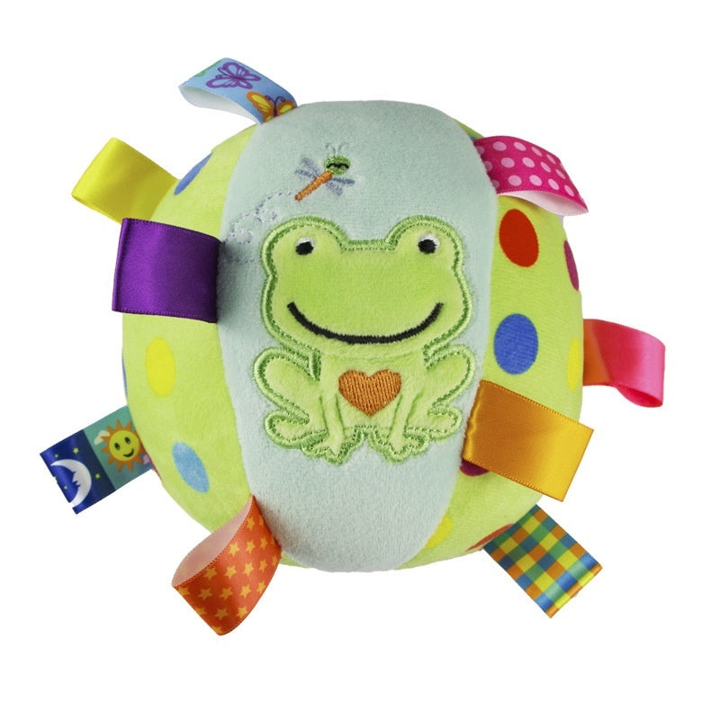 Green and yellow plush dog toy ball featuring an embroidered frog and colorful ribbon loops