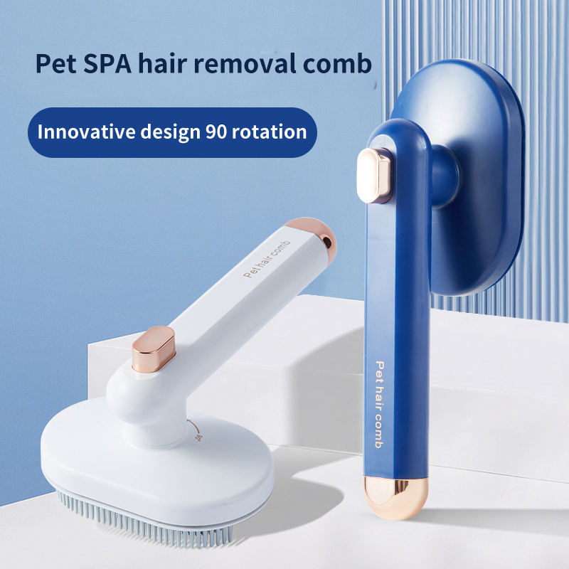 White and blue rotating pet hair removal combs with 90-degree rotation feature and rose gold accents on handle.