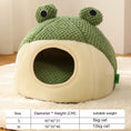 Load image into Gallery viewer, Detailed view of closed frog-shaped knitted pet bed with cream entrance and size chart
