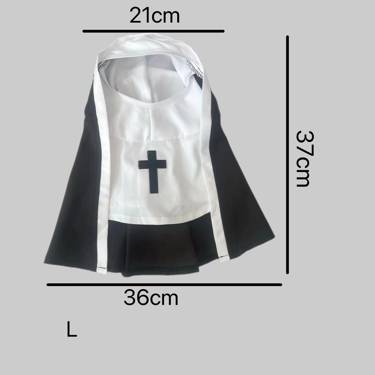 Nun costume with black and white habit and cross shown with size M measurements