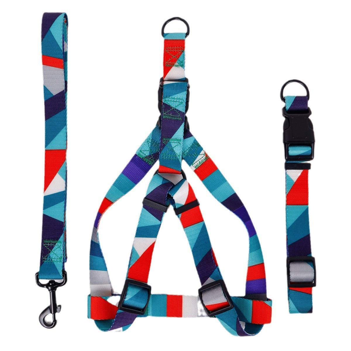 Blue and red striped geometric patterned dog leash set with collar and harness on white background