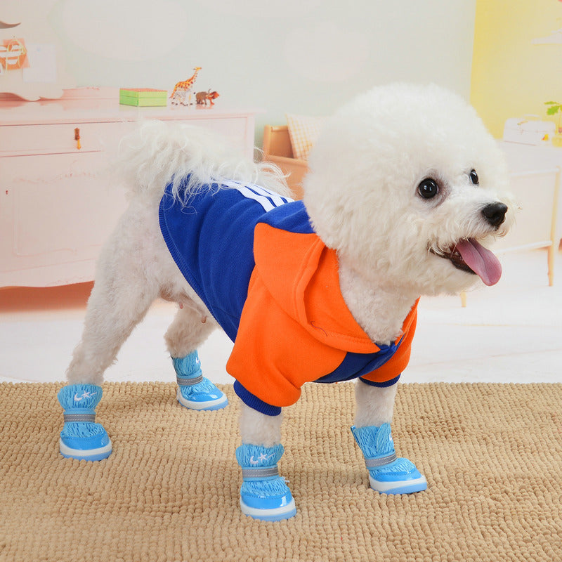 White fluffy dog wearing blue knit booties and orange hoodie indoors on carpet