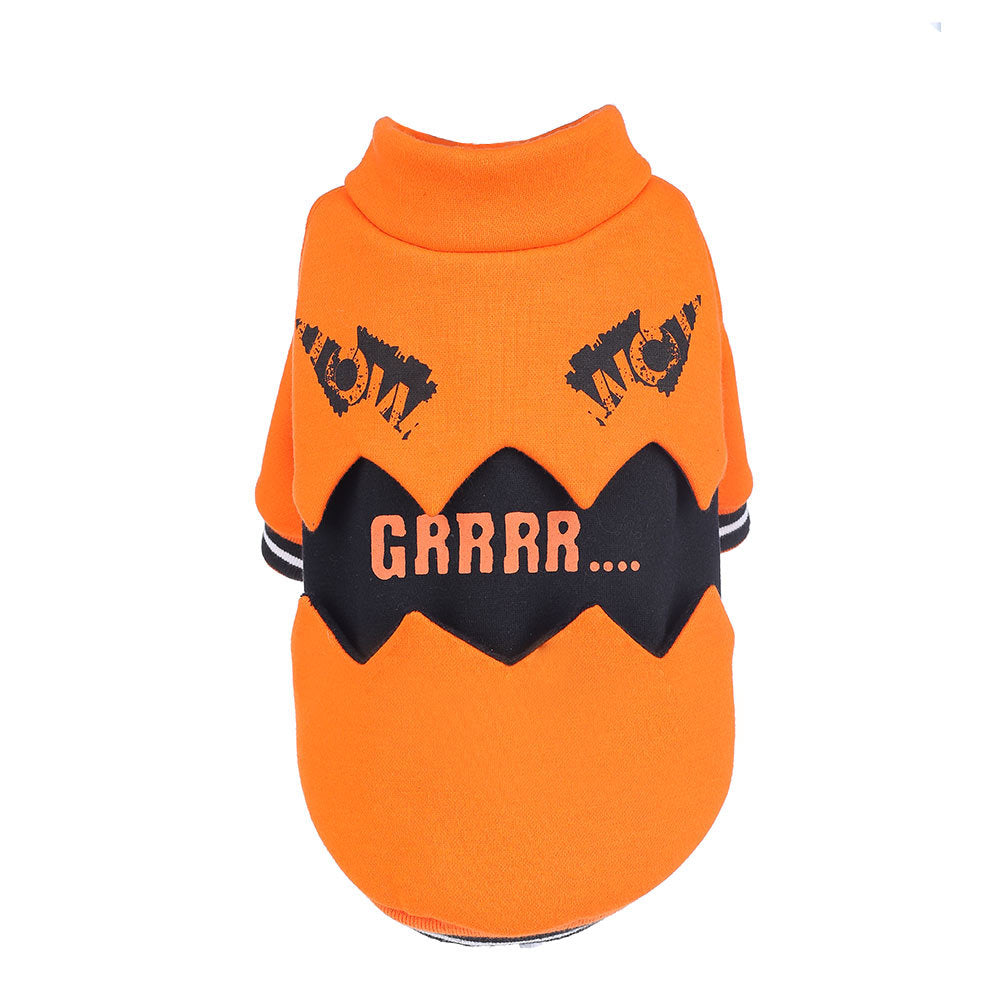 Bright orange Halloween pumpkin dog sweater with black zigzag and text 'GRRRR...' laid flat