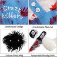 Charger l'image dans la visionneuse de la galerie, Close-up showing embroidery of "Crazy Killers" text, blue button detailing on jumpsuit, black wig, and removable knife prop on white fabric
