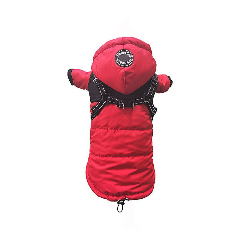 Red insulated dog jacket with hood and built-in black reflective harness displayed from back on plain white background