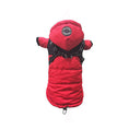 Charger l'image dans la visionneuse de la galerie, Red insulated dog jacket with hood and built-in black reflective harness displayed from back on plain white background
