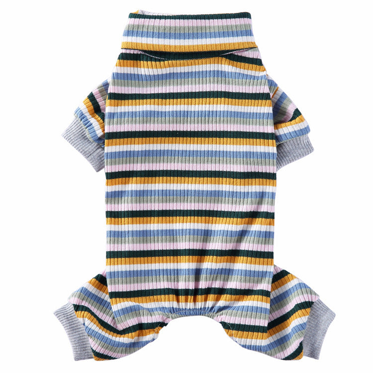 Flat lay of navy blue and white striped dog pajamas showing ribbed cuffs and collar