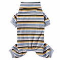 Load image into Gallery viewer, Flat lay of navy blue and white striped dog pajamas showing ribbed cuffs and collar
