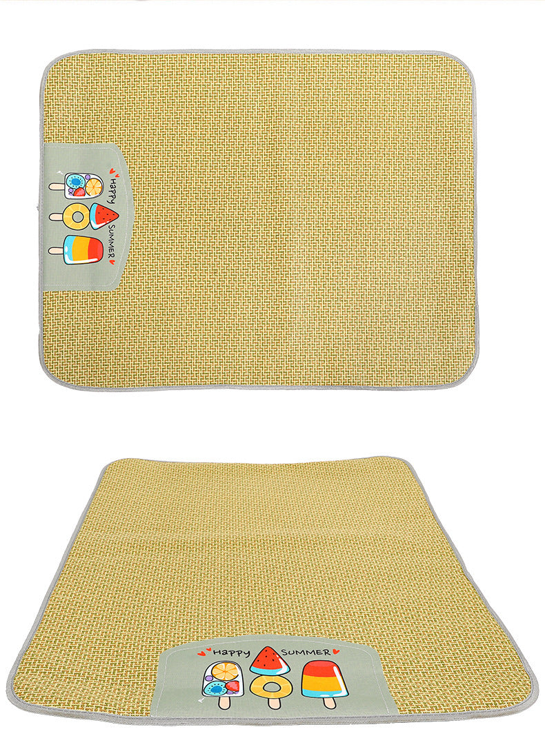Flat yellow woven cooling pet mat with rounded edges and colorful Happy Summer ice cream design patch