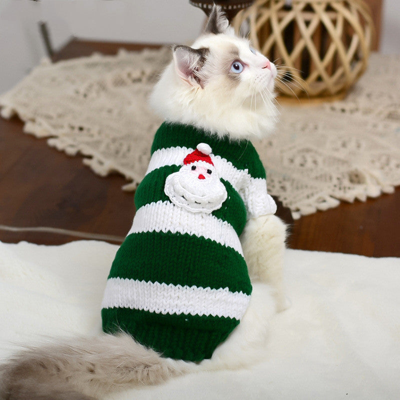 White fluffy cat in green and white striped sweater with Santa design