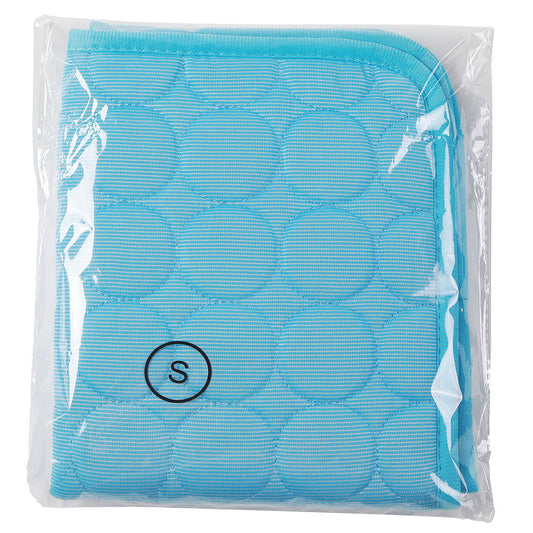 Blue quilted pet sofa mat folded and packaged in plastic