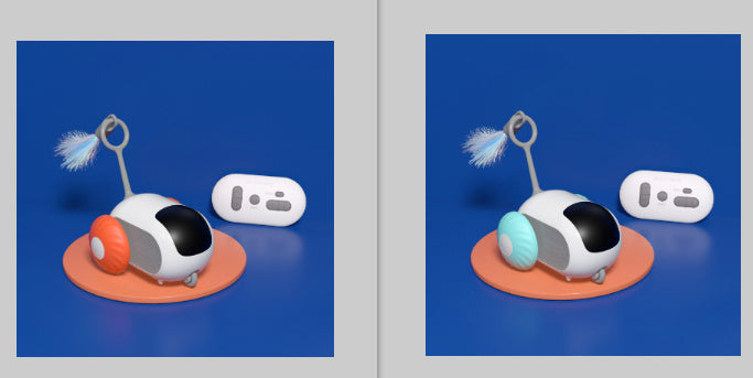 Side-by-side images showing remote control cat toy with orange wheels, feather attachment, and remote control on a blue background