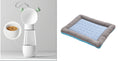 Load image into Gallery viewer, Side-by-side image of blue cooling pet bed mat and silver pet food and water dispenser with heart shaped accents on cover.
