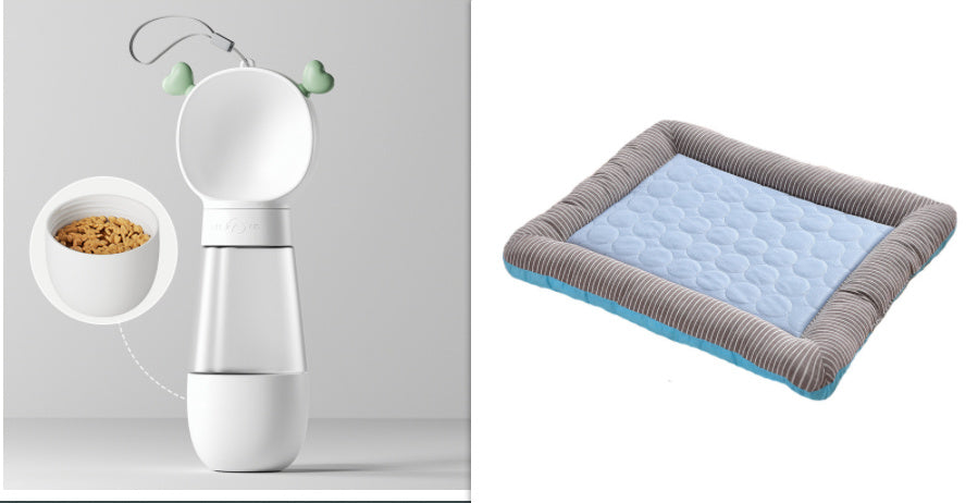 Side-by-side image of blue cooling pet bed mat and silver pet food and water dispenser with heart shaped accents on cover.