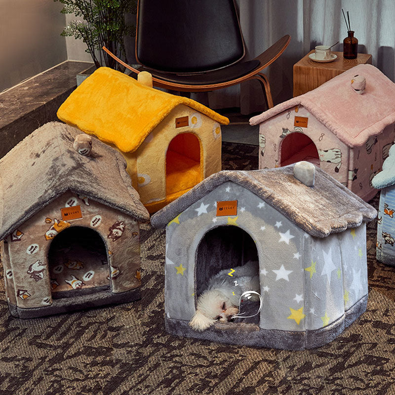 Four plush foldable pet houses in different colors and patterns arranged on carpet with small dogs inside