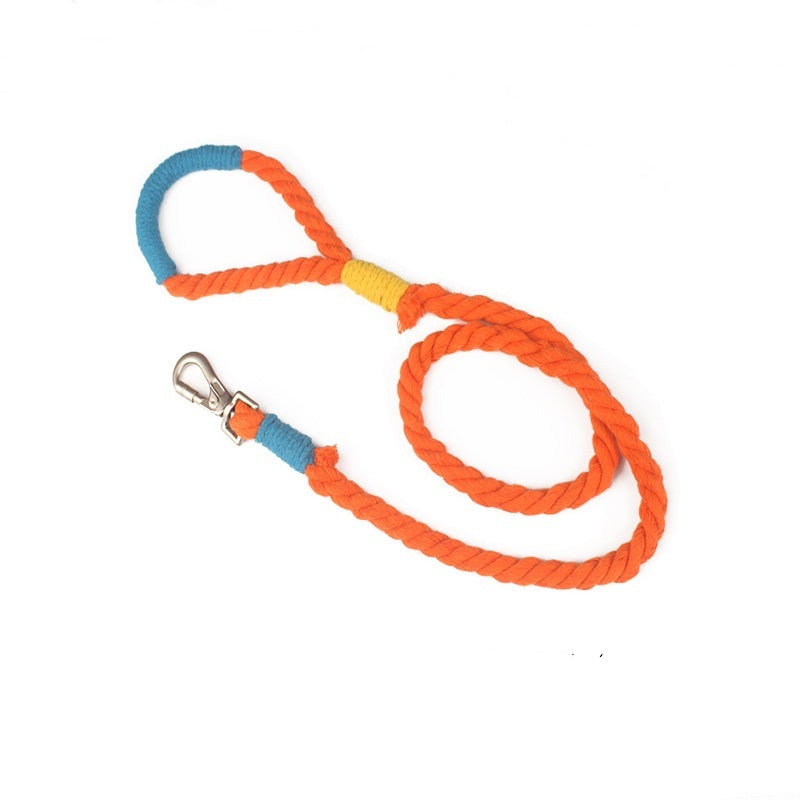 Orange and blue twisted rope dog leash with stitched color accents and metal clip