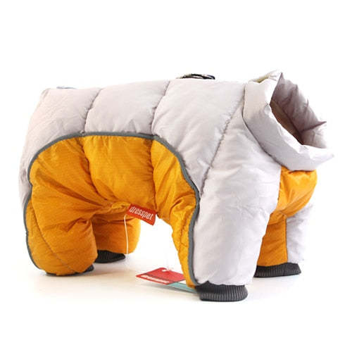Yellow and light gray puffer dog jacket with quilted design and snug elastic cuffs on legs
