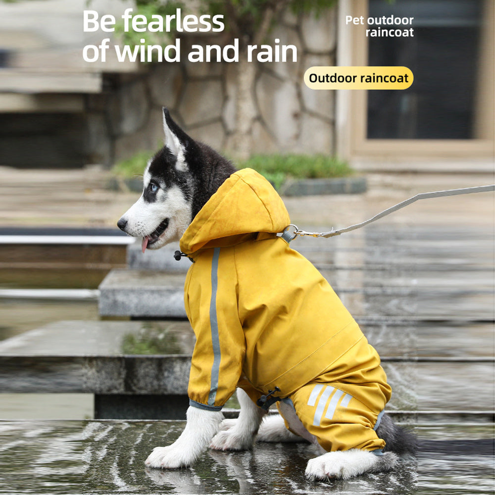 Husky puppy sitting outdoors wearing yellow waterproof dog raincoat with hood and reflective strips
