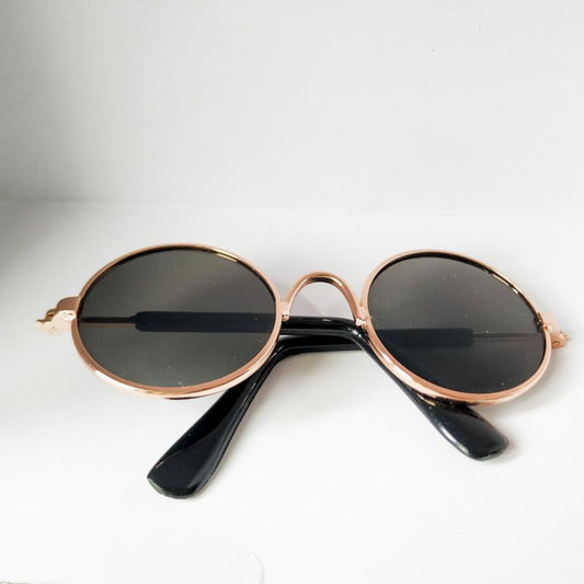 Close-up of rose gold framed pet sunglasses with dark lenses on neutral background  