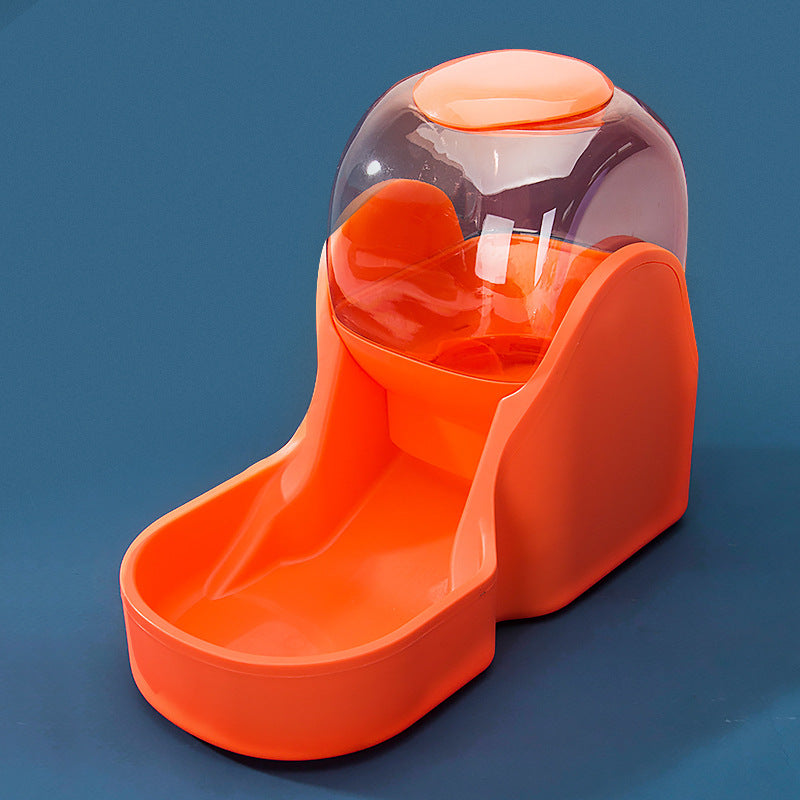 Orange automatic pet feeder fountain from angled front view on blue background