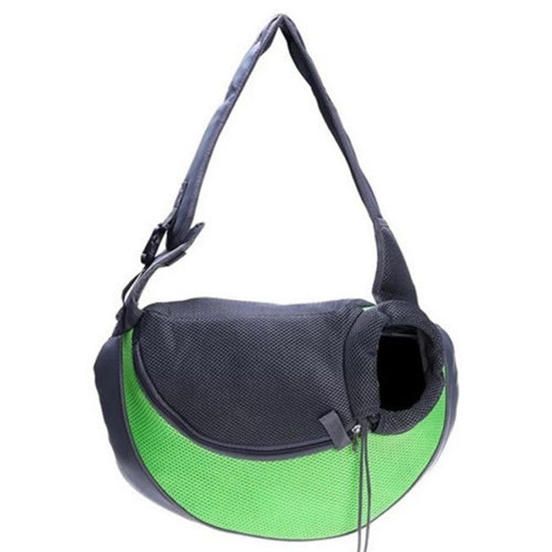 Green and gray pet sling carrier shown alone with adjustable strap