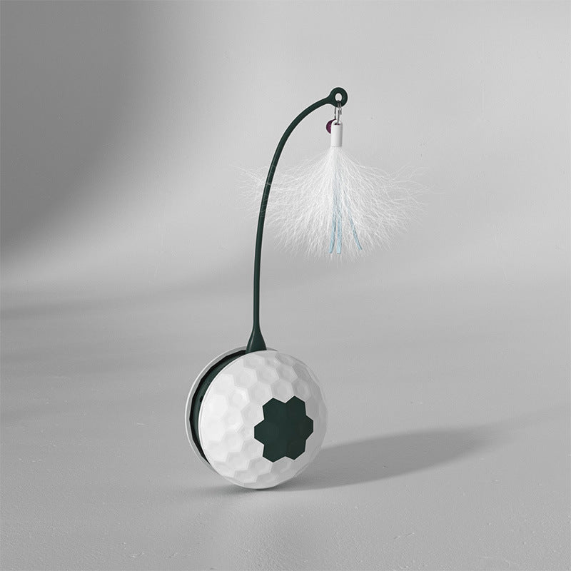 Close-up of white and green automatic rolling cat toy with feather teaser on a plain white background