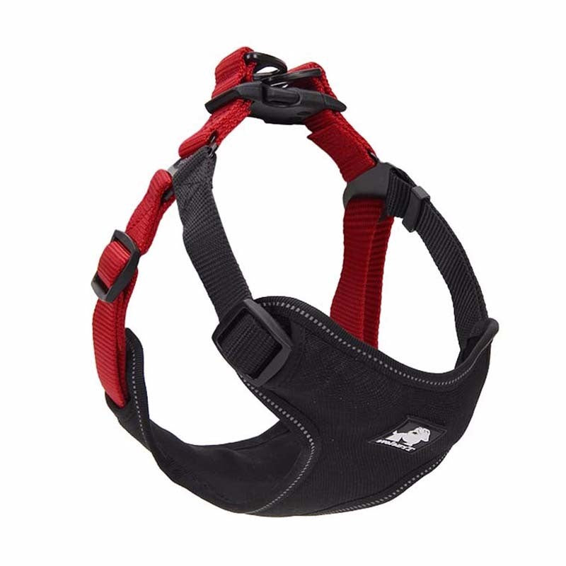 Red and black adjustable dog harness with zinc alloy clips