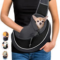 Load image into Gallery viewer, Woman wearing a black breathable pet sling carrier with small chihuahua inside
