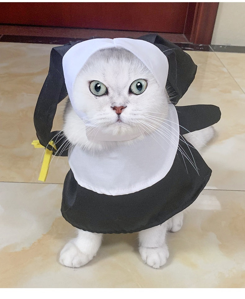 White cat with blue eyes dressed in the black and white nun pet costume standing on a tiled floor