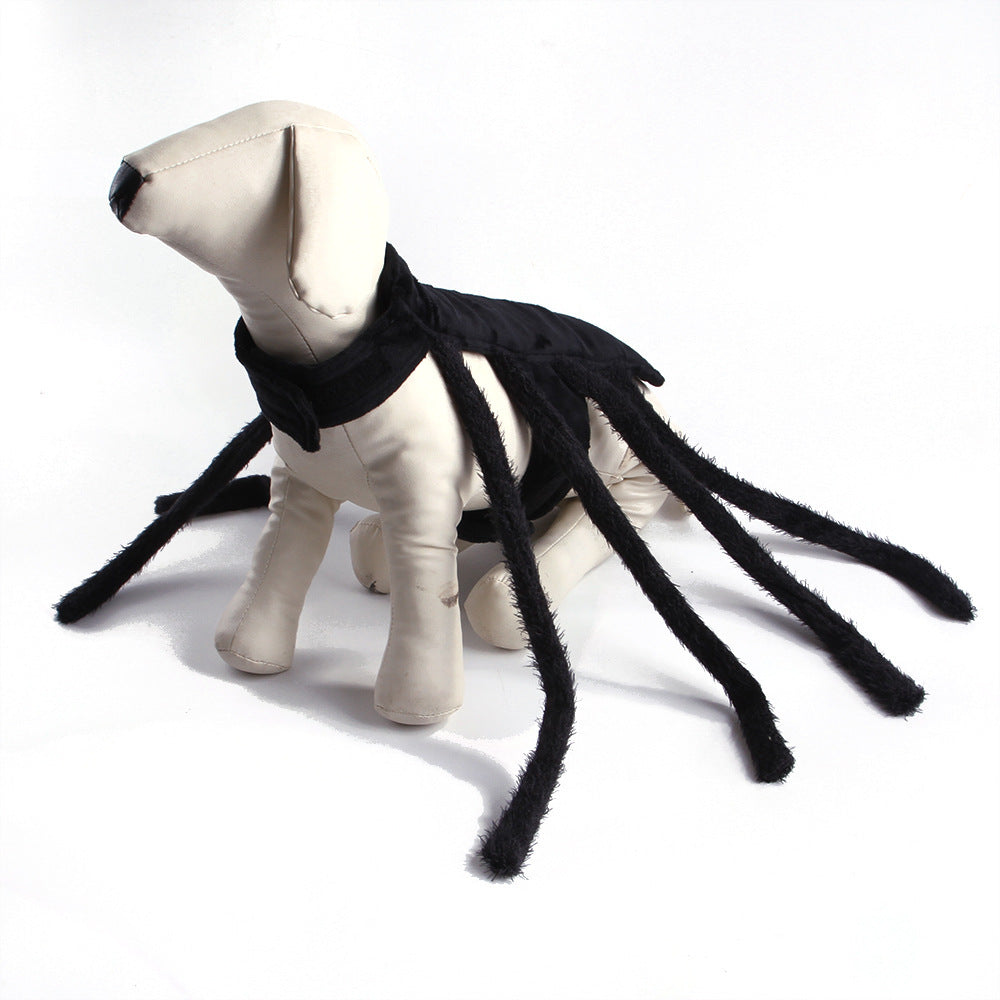 Dog mannequin modeling black plush spider pet costume with eight visible legs