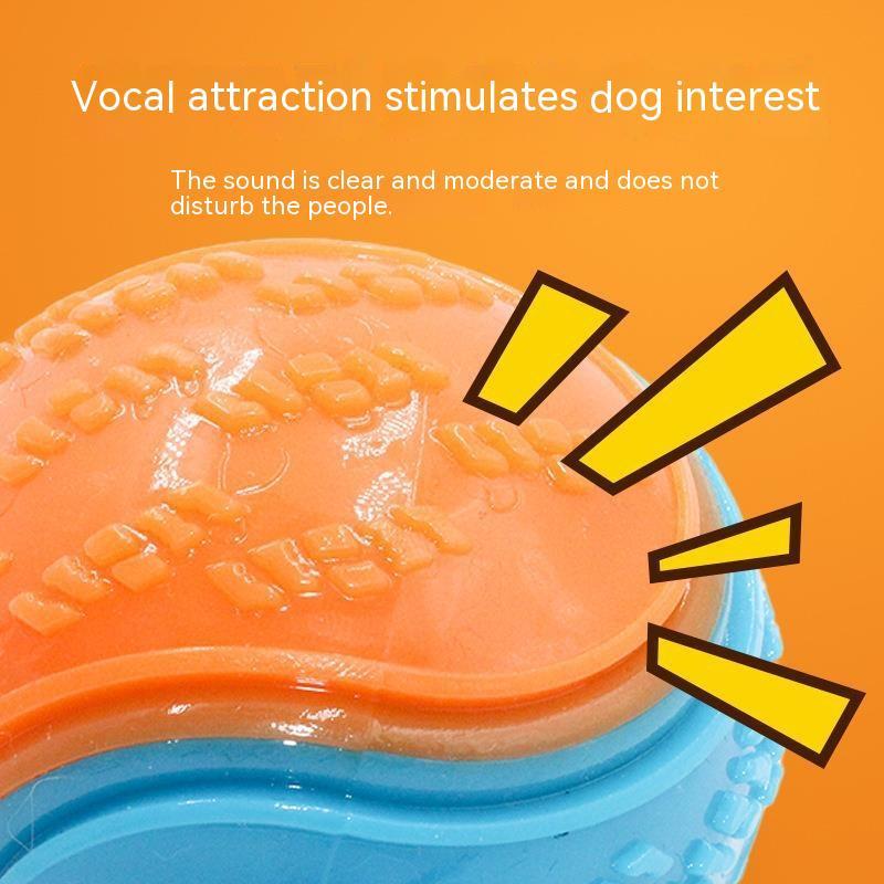 Close-up of textured orange and blue rubber dog ball highlighting clear and moderate sound feature to attract dogs