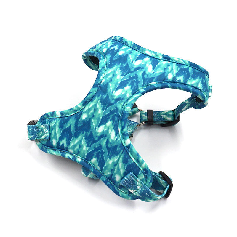 Padded blue tie-dye dog harness with adjustable straps