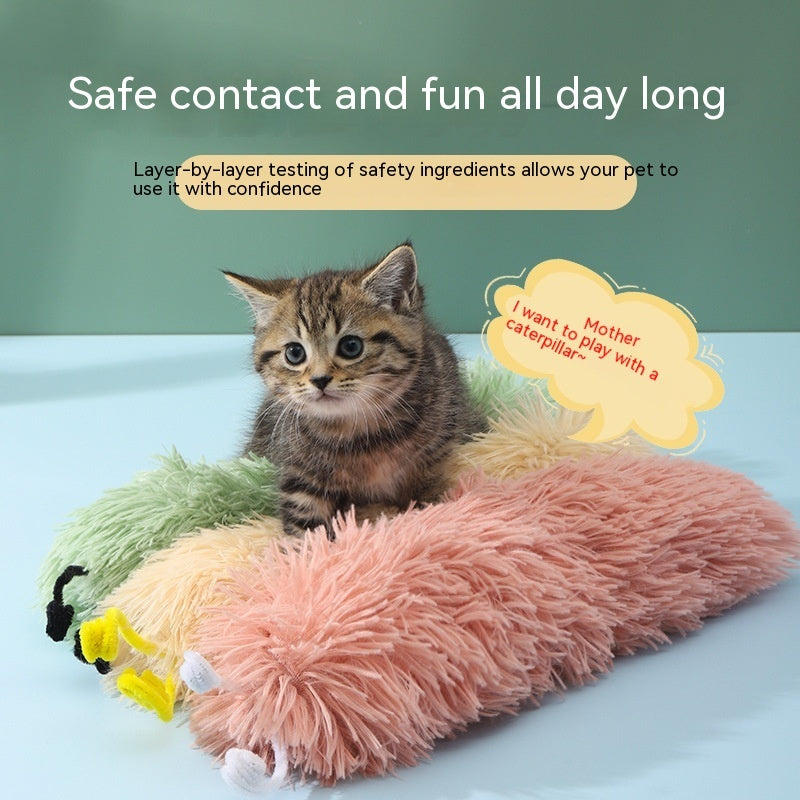 Kitten sitting on pink and beige plush caterpillar cat toys with text highlighting safety and fun