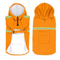 Cargar la imagen en la vista de la galería, Orange waterproof reflective dog raincoat displayed flat showing front and back with hood and rear pocket
