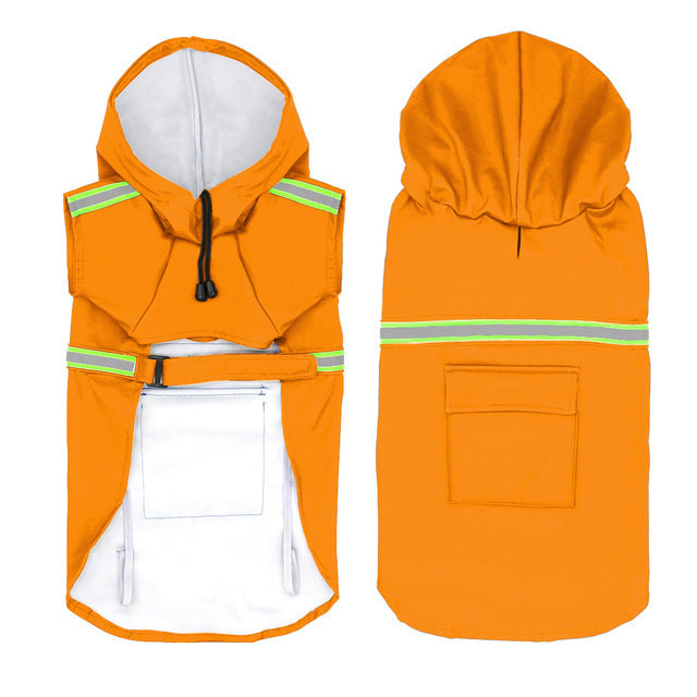 Orange waterproof reflective dog raincoat displayed flat showing front and back with hood and rear pocket