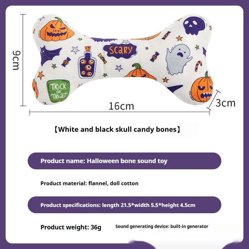 White Halloween bone toy decorated with ghosts, pumpkins and candy, dimensions shown