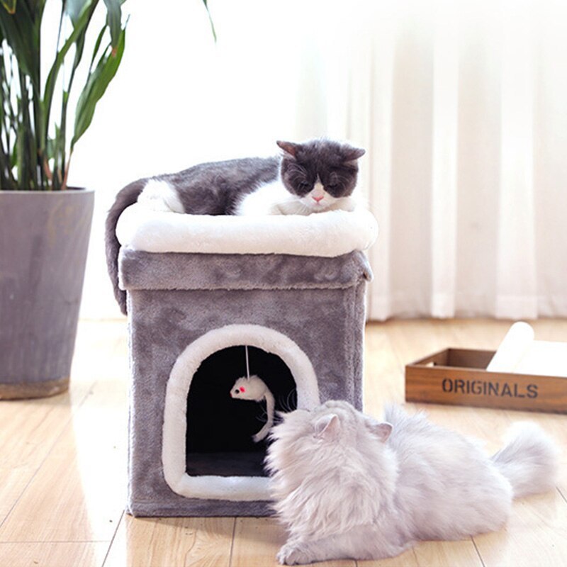 Cat resting on top of the gray cat cave while another cat looks at the hanging mouse toy inside the entrance