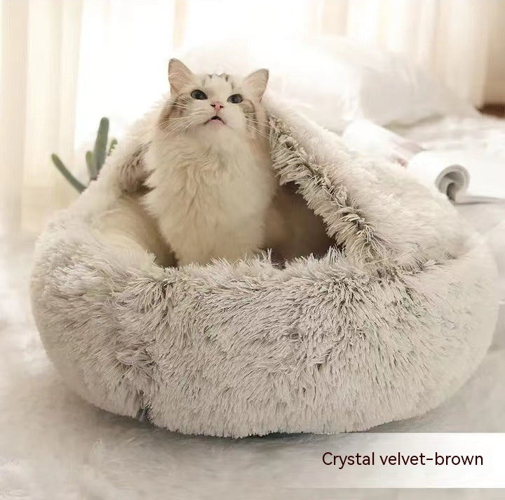 Cat sitting inside beige crystal velvet dome pet bed looking upwards