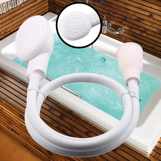 White pet shower head with flexible hose coiled on a bathtub edge
