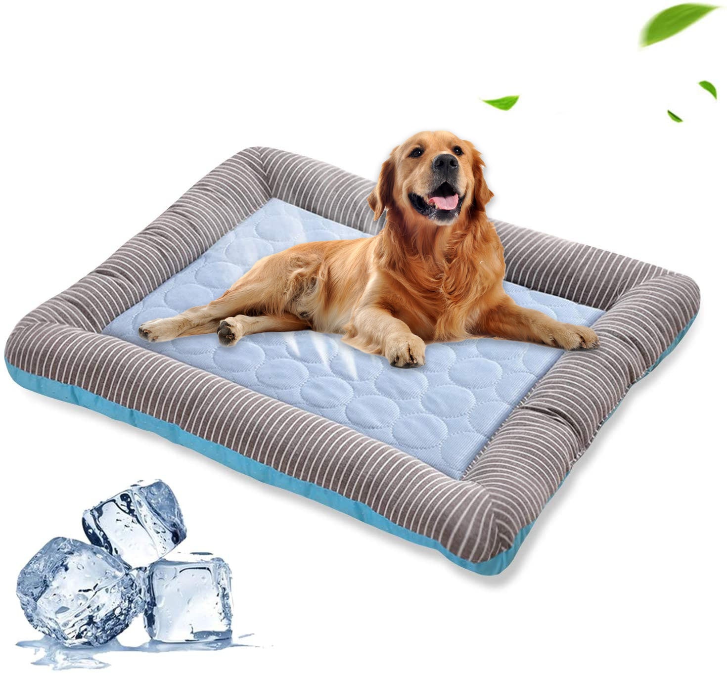 Golden retriever lying on blue cooling pet bed mat with striped gray padded edges and ice cubes in foreground.