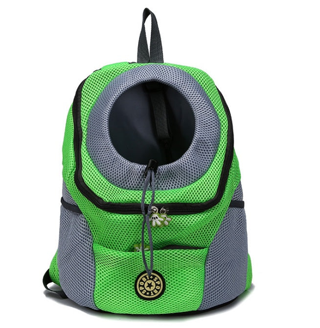 Green and gray breathable pet carrier backpack front view