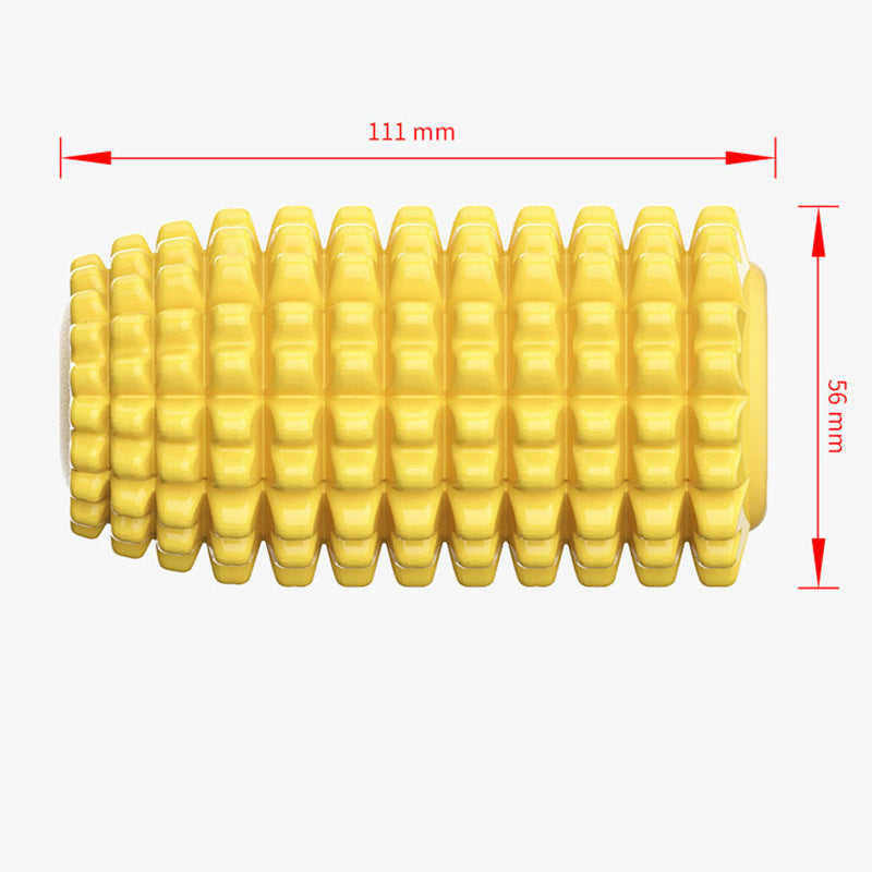 Yellow corn-shaped chew toy dimensions showing 111mm length and 56mm width