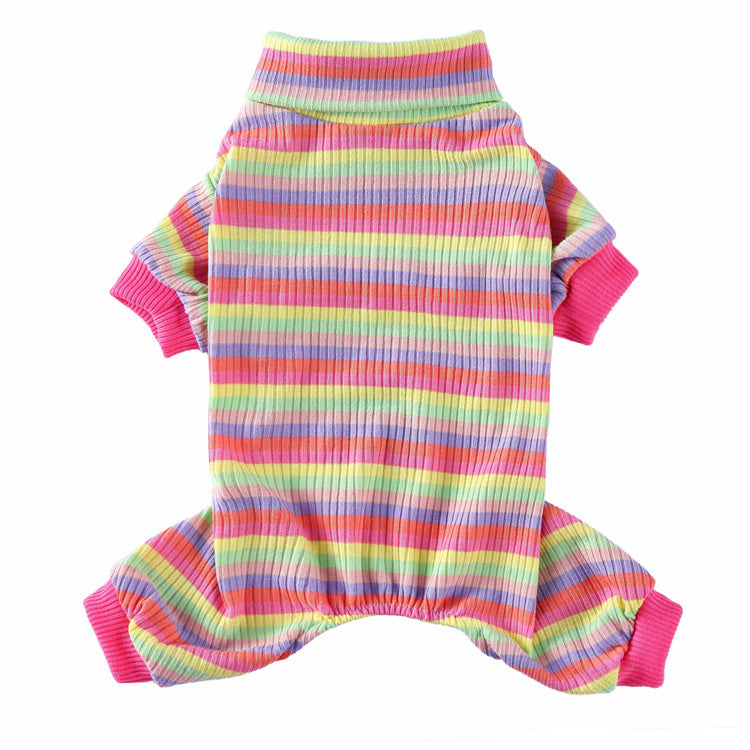 Flat lay of gray and white striped pajamas showing collar and elastic leg cuffs