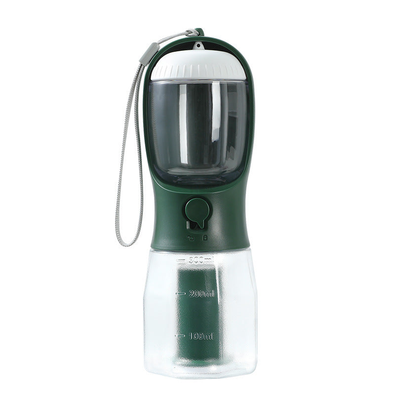 Green variation of 3-in-1 dog water and food bottle showing food and water compartments with wrist strap