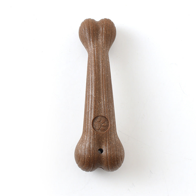 Close-up of bone-shaped brown dog chew toy showcasing texture and paw print design