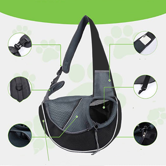 Close-up of breathable pet sling carrier showing adjustable strap, drawstring closure, and mesh fabric details